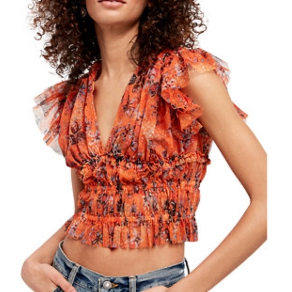 Free people orange ruched deep V-neck top - Picture 2 of 7